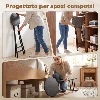 Set 2 Sgabelli Bar Pieghevoli con Doppio Poggiapiedi, in Legno e Acciaio, 34x30x70 cm, Nero