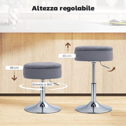 Sgabello da Bar con Altezza Regolabile e Vano Contenitore, Seduta Girevole Imbottita Senza Schienale, Grigio