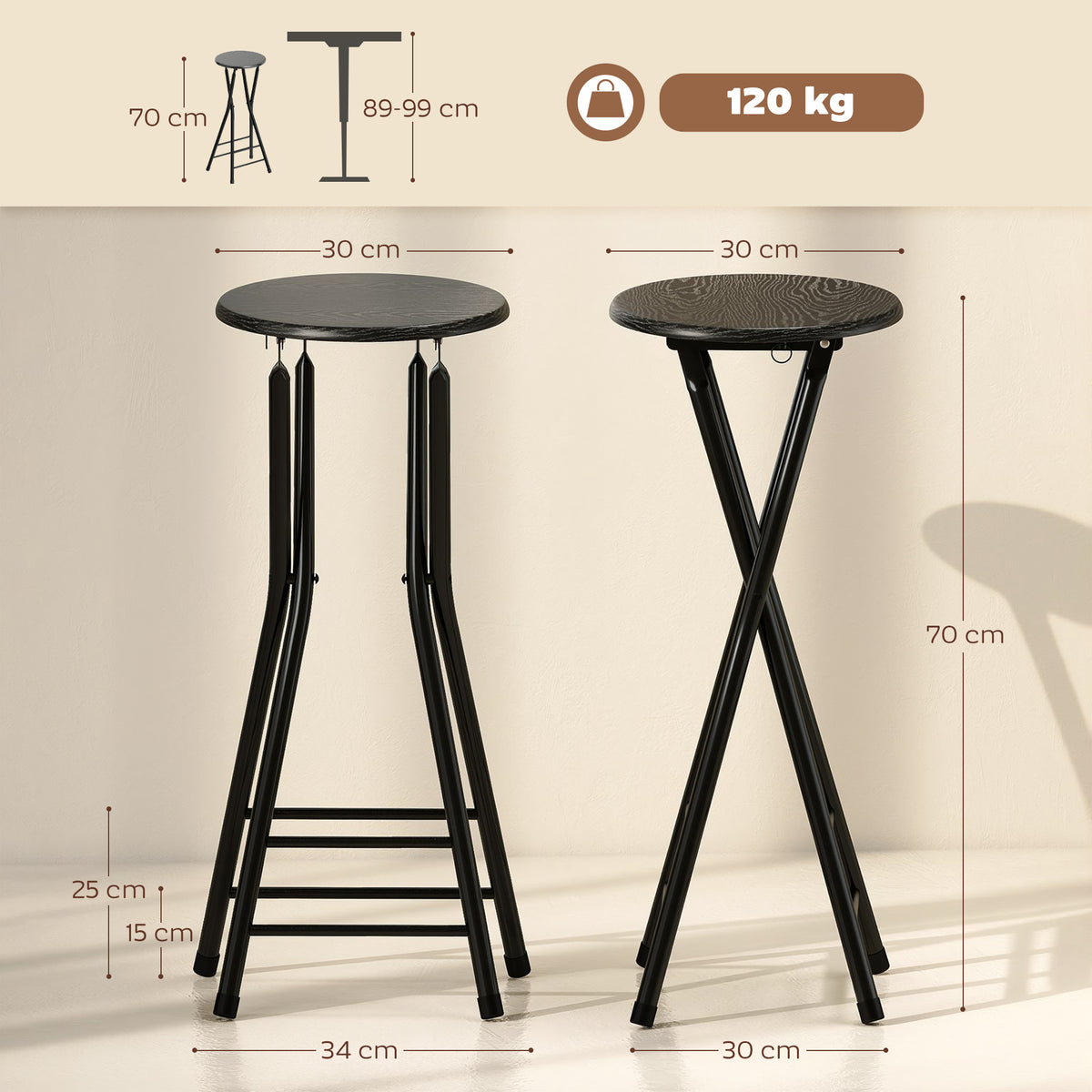 Set 2 Sgabelli Bar Pieghevoli con Doppio Poggiapiedi, in Legno e Acciaio, 34x30x70 cm, Nero