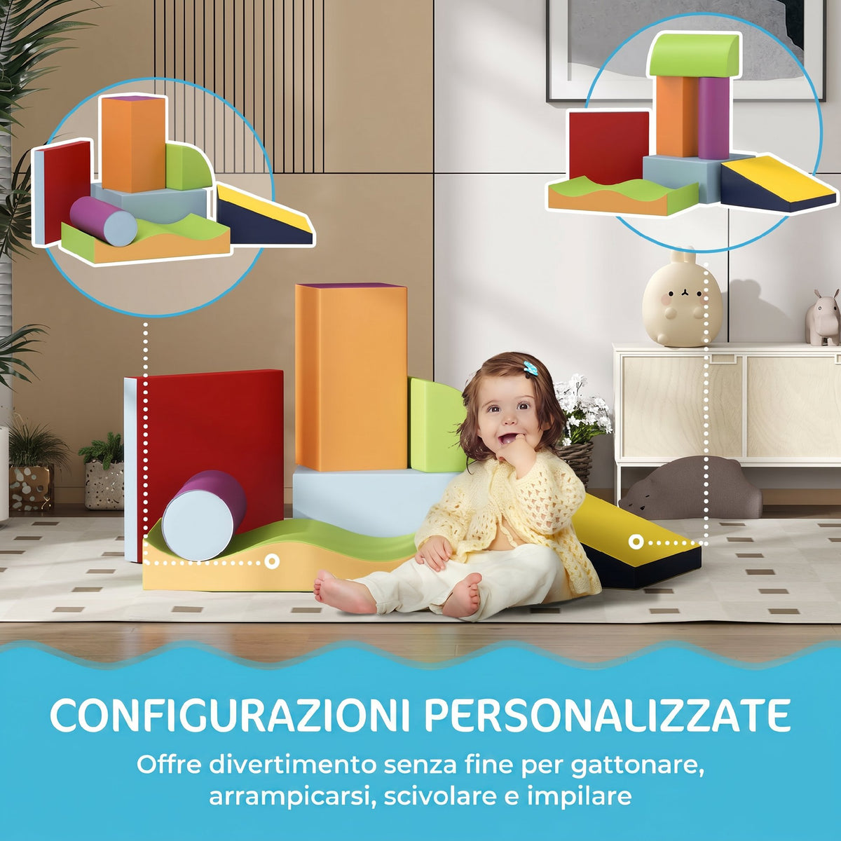 Set di 7 Costruzioni Morbide per Bambini da 1-3 Anni in Schiuma e Pelle PU, per Casa e Asilo, Multicolore