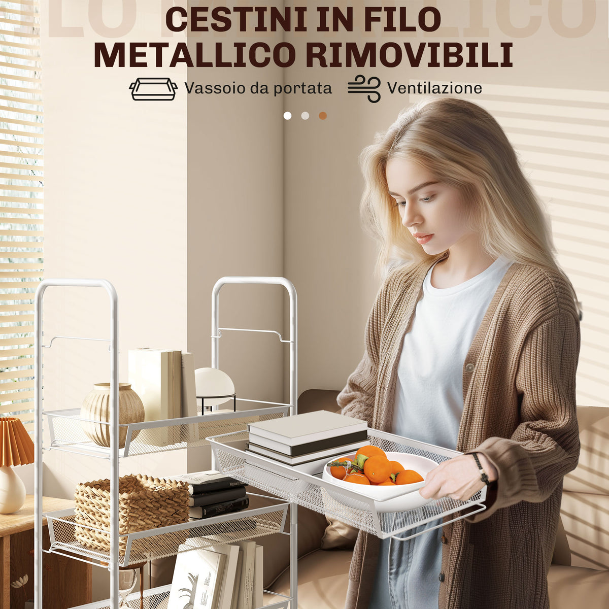Carrello da Cucina Salvaspazio a 5 Livelli con Cestini a Rete in Acciaio, 45x26.5x106cm, Bianco