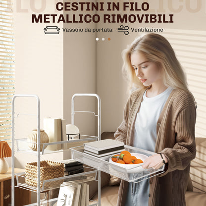 Carrello da Cucina Salvaspazio a 5 Livelli con Cestini a Rete in Acciaio, 45x26.5x106cm, Bianco