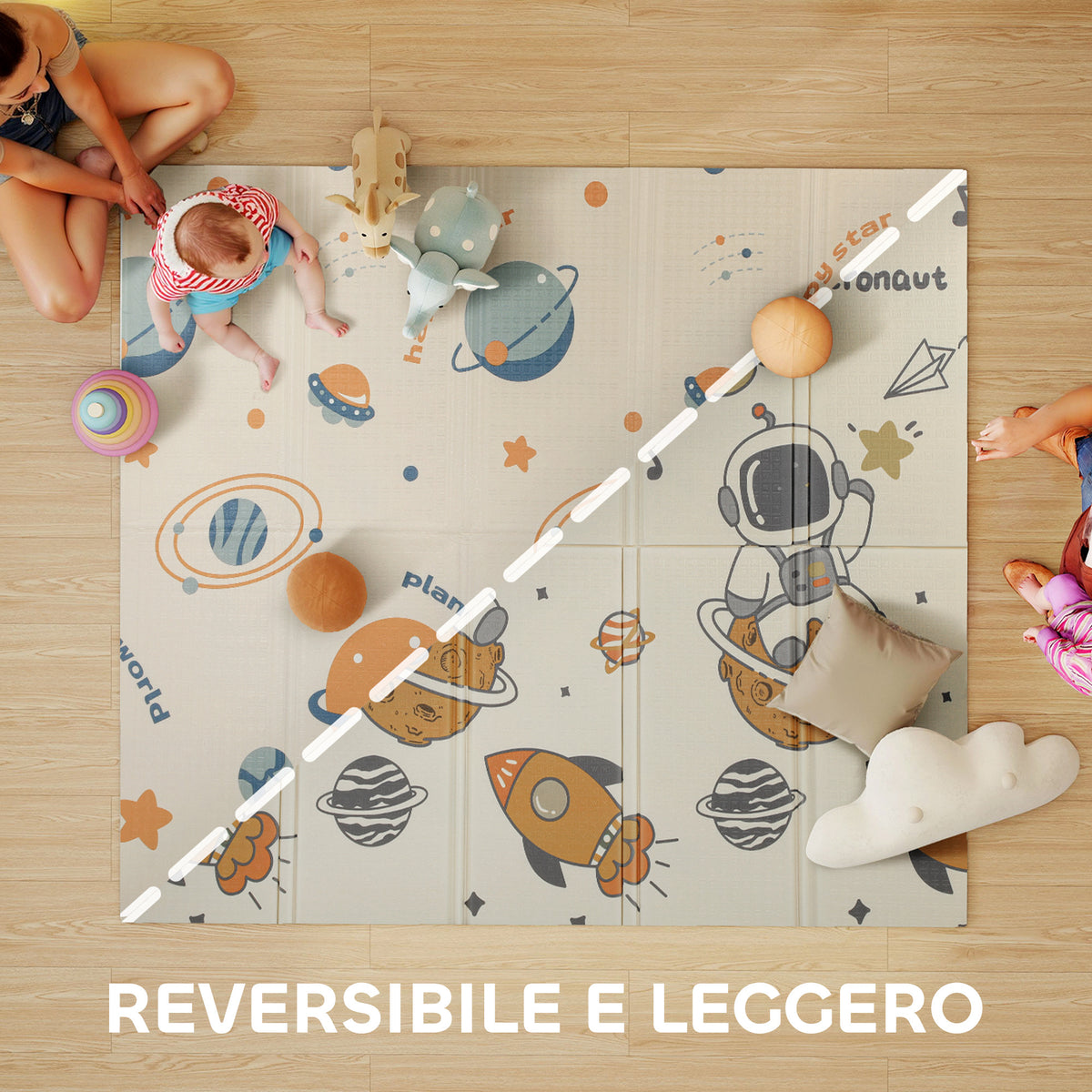 Tappeto per Bambini 0-6 Anni a Tema Spazio con Superficie Impermeabile in XPE Multicolore, 196x176x1.5 cm