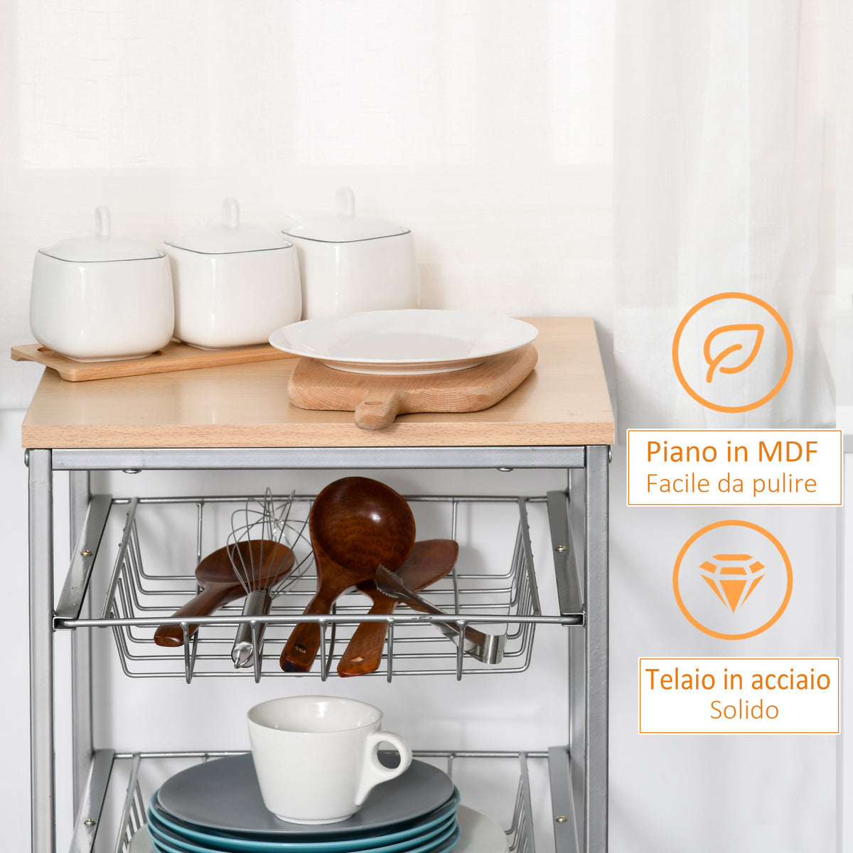 Carrello da Cucina Salvaspazio con 4 Cesti Estraibili in Legno e Acciaio, 36.5x36.5x89 cm, Argento e color Legno