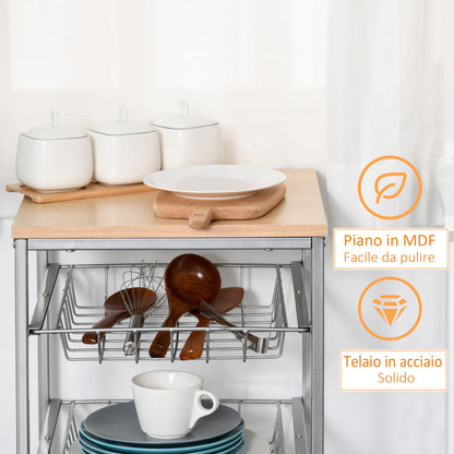 Carrello da Cucina Salvaspazio con 4 Cesti Estraibili in Legno e Acciaio, 36.5x36.5x89 cm, Argento e color Legno