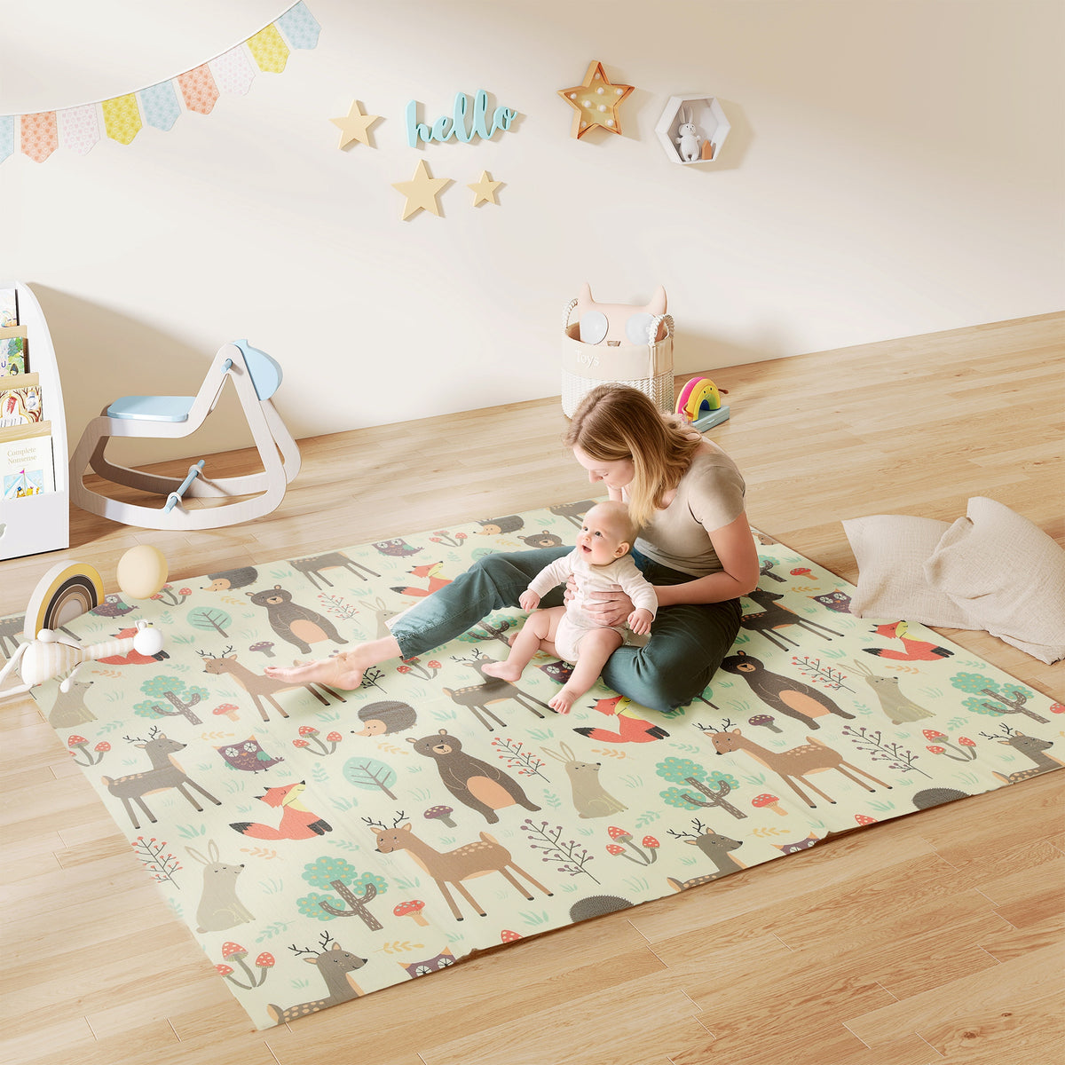 Tappeto per Bambini 0-6 Anni a Tema Foresta con Superficie Impermeabile in XPE Multicolore, 196x176x1.5 cm