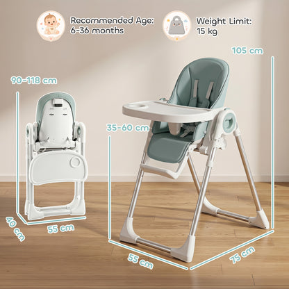 Seggiolone Pappa Pieghevole per Bambini 6-36 Mesi, Altezza Regolabile, Doppio Vassoio Lavabile e Ruote, Verde
