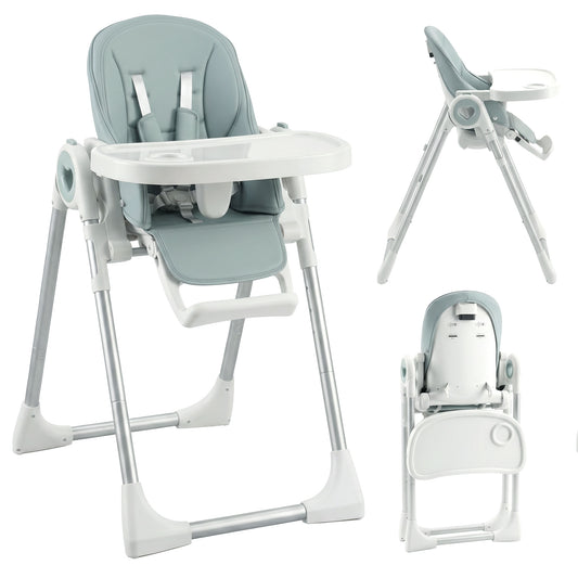 Seggiolone Pappa Pieghevole per Bambini 6-36 Mesi, Altezza Regolabile, Doppio Vassoio Lavabile e Ruote, Verde