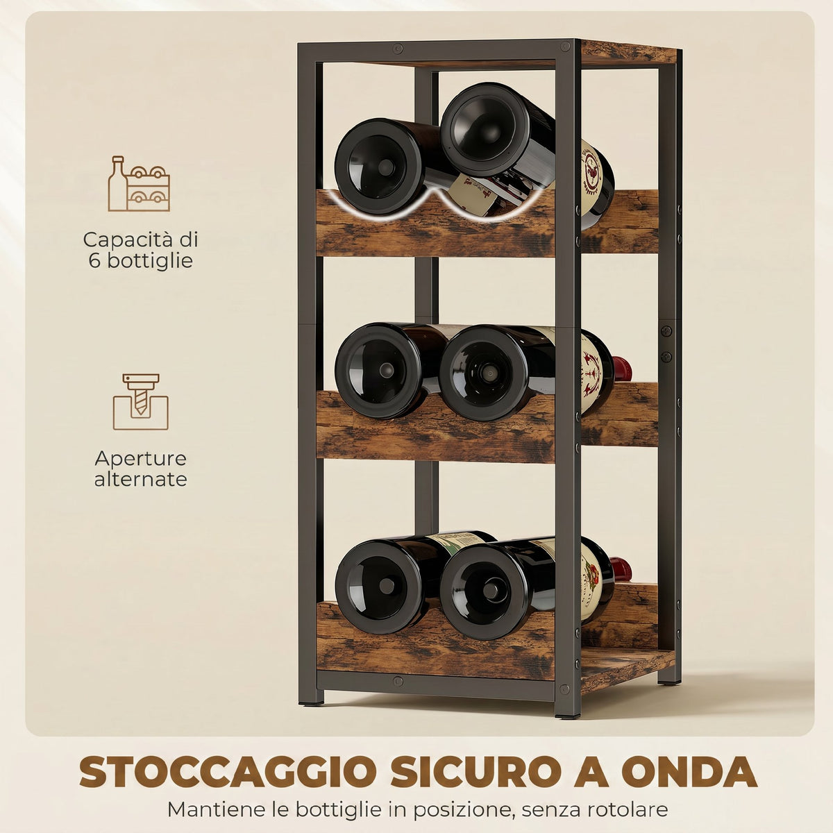 Portabottiglie , scaffali ondulati, piedini regolabili, marrone rustico, nero.