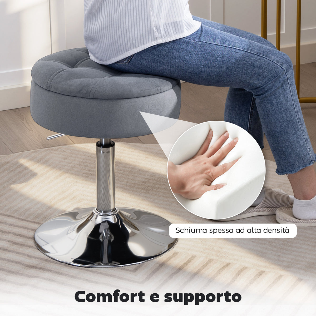 Sgabello da Bar con Altezza Regolabile e Vano Contenitore, Seduta Girevole Imbottita Senza Schienale, Grigio