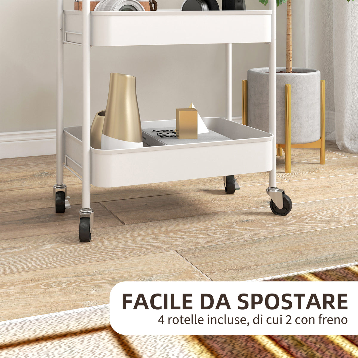 Carrello da Cucina a 3 Livelli con Maniglie e 4 Rotelle, in Acciaio, 45x30.6x79 cm, Bianco