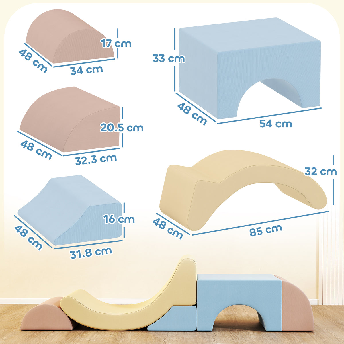 Set 5 Costruzioni Morbide per Bambini 1.5-8 Anni, in Tessuto Effetto Velluto e Spugna, Multicolore